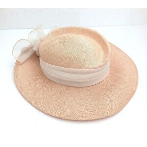 VTG Gwenn Pennington Woven Straw Wide Brim Hat Curved Crown Ivory Hatband Sz M
